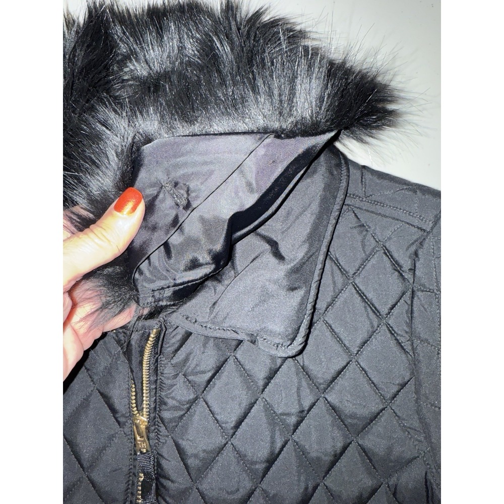 Tommy Hilfiger Black Long Puffer Jacket With Removable Faux Fur Collar Side Zips - Picture 12 of 12